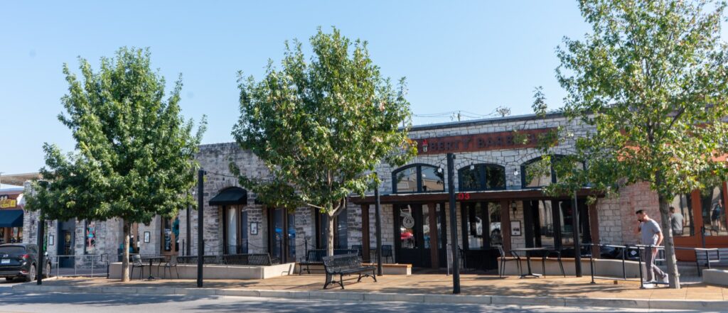 Row of three green urban trees on a sidewalk next to a street